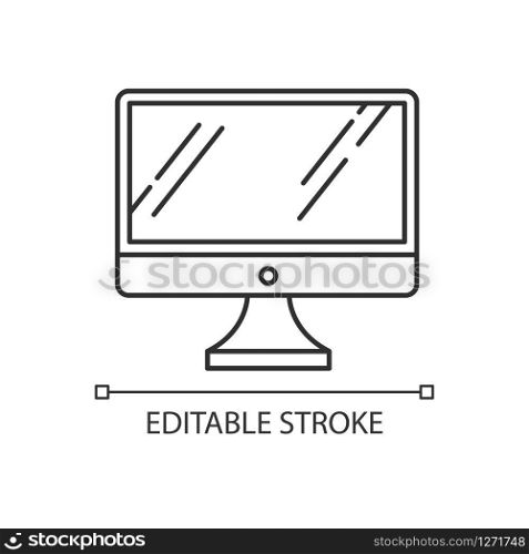 Desktop computer monitor pixel perfect linear icon. Regular personal computer. Display, screen. Thin line customizable illustration. Contour symbol. Vector isolated outline drawing. Editable stroke