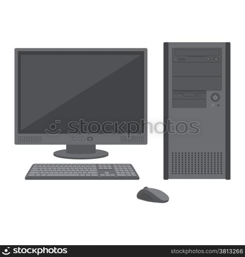 desktop computer with lcd monitor keyboard and mouse. vector flat solid colors grey desktop personal computer icon