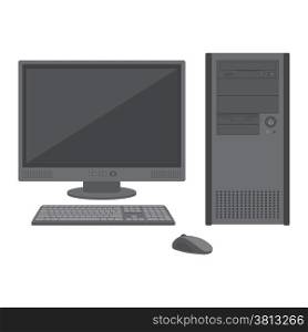 desktop computer with lcd monitor keyboard and mouse. vector flat solid colors grey desktop personal computer icon
