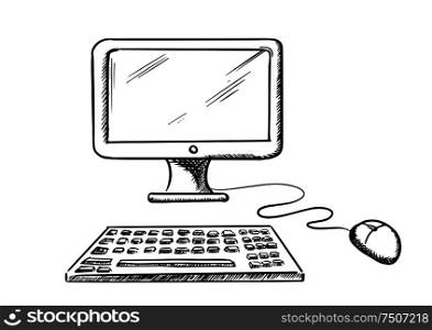 Desktop computer with monitor, mouse and keyboard isolated on white background, for technology design. Sketch style. Desktop computer with mouse and keyboard