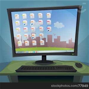 Desktop Computer with Operating System On Screen. Illustration of a cartoon desktop computer at night, with screen turned on, within files icons, folders and wallpaper landscape background