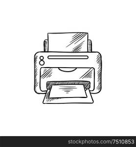 Desktop inkjet printer with paper. Office equipment, printing and computer peripherals sketch icon. Sketch icon of office inkjet printer with paper