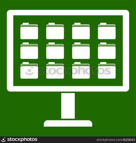 Desktop of computer with folders icon white isolated on green background. Vector illustration. Desktop of computer with folders icon green