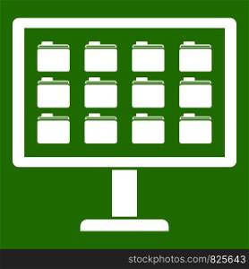 Desktop of computer with folders icon white isolated on green background. Vector illustration. Desktop of computer with folders icon green