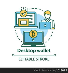 Desktop wallet concept icon. Money transfer idea thin line illustration. Electronic wallet application on personal computer. Bank account digital app. Vector isolated outline drawing. Editable stroke