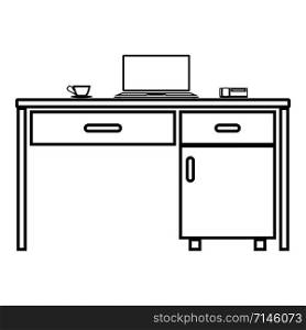 Desktop with laptop phone and tea mug Business stuff on table icon outline black color vector illustration flat style simple image