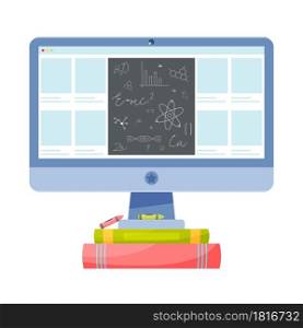 Desktop with online science course. Education concept. Vector illustration.