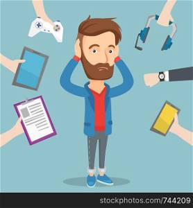 Desperate caucasian man clutching his head and many hands with modern gadgets around him. Embarrassed young man surrounded with many electronic gadgets. Vector flat design illustration. Square layout.. Young man surrounded with his gadgets.