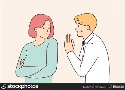 Desperate man asking stubborn woman for forgiveness. Unhappy crying guy beg for confident girl attention. Love and relationships problems. Vector illustration. . Unhappy man ask for stubborn woman attention 