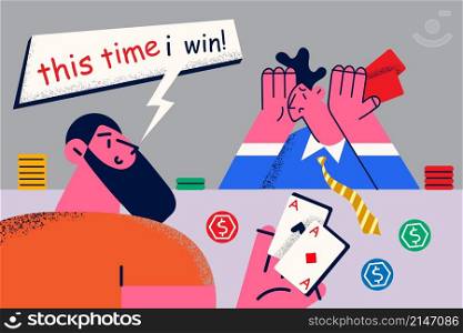 Desperate man sit at poker table addicted to gambling lose money. Male gamer or player hope to win in card game. Obsession addiction to casino entertainment. Flat vector illustration. . Man gamer feel desperate to win in poker match