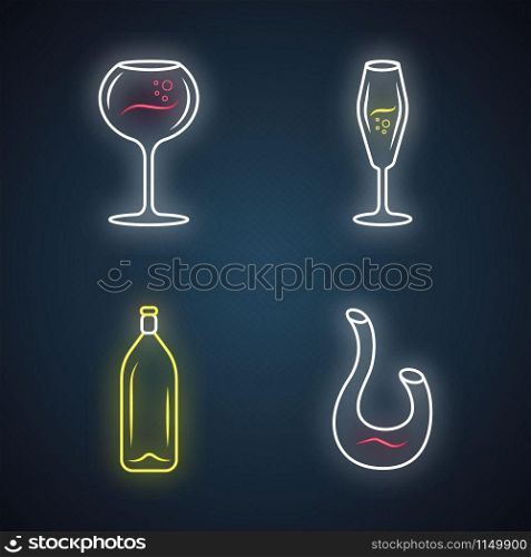Dessert and sparkling wine neon light icons set. Different types of wineglasses. Decanter, bottle. Aperitif drink, cocktail, alcohol beverage. Glowing signs. Vector isolated illustrations
