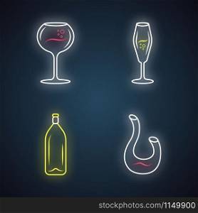 Dessert and sparkling wine neon light icons set. Different types of wineglasses. Decanter, bottle. Aperitif drink, cocktail, alcohol beverage. Glowing signs. Vector isolated illustrations
