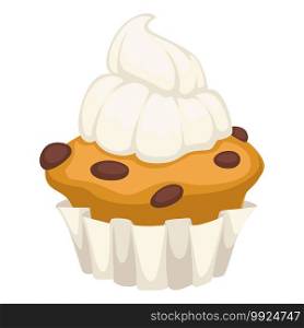Dessert baked in bakery, cupcake decoration with whipped cream or mousse. Cooked cake with raisins, snacks sweets in cafe or restaurant. Menu icon, homemade treat, confectionery vector in flat. Cupcake with chocolate raisins and whipped cream vector
