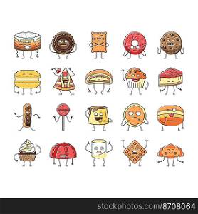 dessert character food cake icons set vector. cute sweet, funny, happy bakery, chocolate cupcake, cream donut, face candy dessert character food cake color line illustrations. dessert character food cake icons set vector