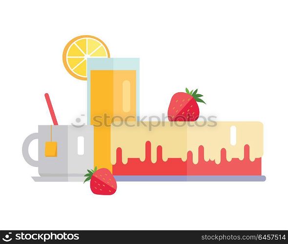 Dessert concept web banner. Vector in flat design. Collection of various sweets and drinks juice, tea, strawberry, cake on white background for diet, menus, signboards illustrating, web design.. Dessert Concept Web Banner Illustration.