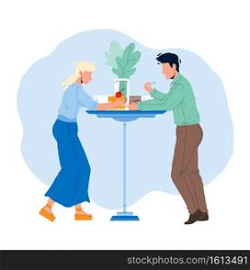 Dessert Eating Man And Woman At Cafe Table Vector. Boy And Girl Couple Eat Delicious Dessert Nutrition At Kitchen Desk. Characters With Sweet Baked Creamy Food Flat Cartoon Illustration. Dessert Eating Man And Woman At Cafe Table Vector