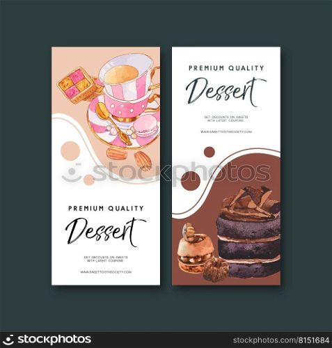 Dessert flyer design with chocolate cake, macarons, cup watercolor illustration.