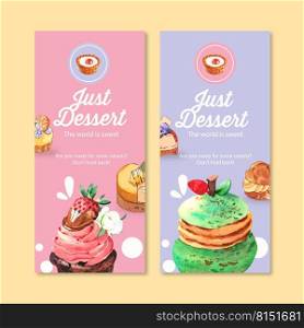 Dessert flyer design with choux cream, cupcake, tart cake watercolor illustration.