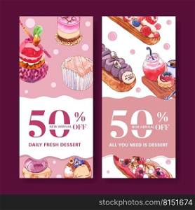 Dessert flyer design with cupcake, bread, creative element watercolor isolated illustration.
