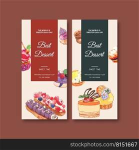 Dessert flyer design with cupcake, cookie, tart cake watercolor isolated illustration.