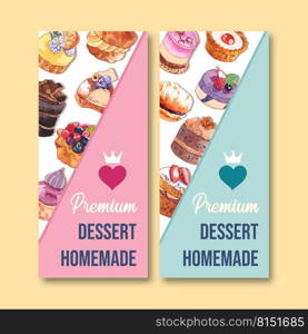 Dessert flyer design with cupcake, pie watercolor, creative colorful isolated illustration.