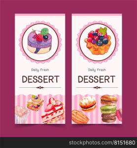 Dessert flyer design with puff cake, macarons, strawberry cake watercolor illustration.
