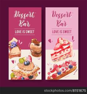 Dessert flyer design with strawberry cake, puff cake, donut watercolor illustration.