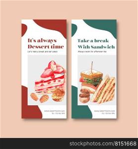 Dessert flyer design with strawberry cake, sandwich, cookies watercolor illustration.