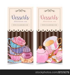 Dessert flyer design with teapot, cupcake, creative element watercolor illustration.