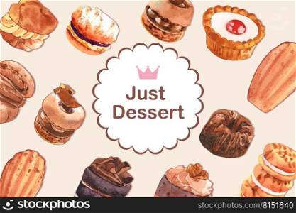 Dessert frame design with choux cream, pie, chocolate cake watercolor illustration.    