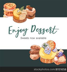Dessert frame design with cookie, donut, cupcake watercolor illustration. 