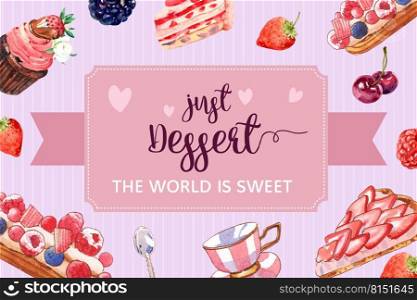 Dessert frame design with cupcake, berries tart, bread watercolor illustration.    