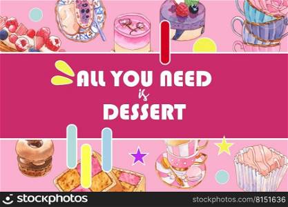 Dessert frame design with cupcake, berry cake and cup, creative element watercolor illustration.    