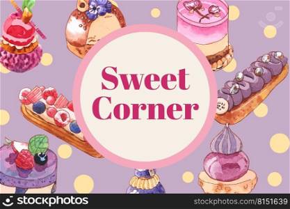 Dessert frame design with cupcake, bread, creative element watercolor illustration.   