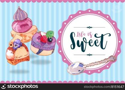 Dessert frame design with cupcake, cheesecake watercolor illustration.    