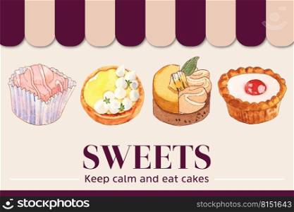 Dessert frame design with cupcake, cookie, tart watercolor illustration.    