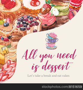 Dessert frame design with macarons, cookie, cake tart, cupcake watercolor illustration. 