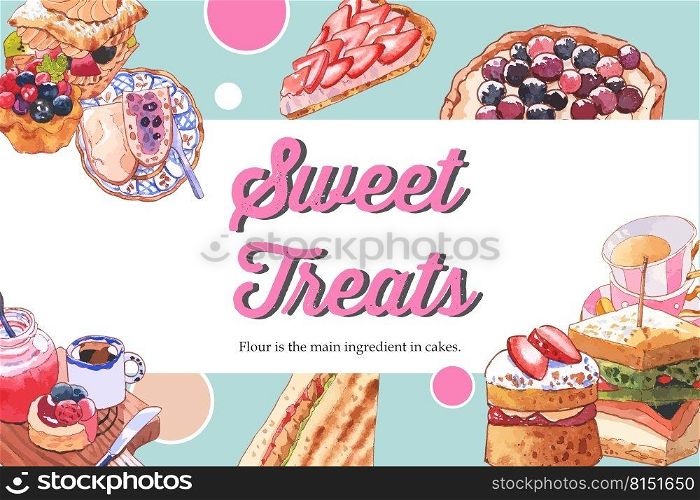 Dessert frame design with sandwich, berries tart, cupcake watercolor illustration.    
