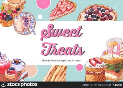 Dessert frame design with sandwich, berries tart, cupcake watercolor illustration.    