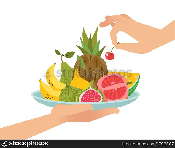 Dessert fruit serving. Organic fruits on plate, hand hold dish, juicy citrus, banana and pineapple, sweet pear and fresh figs, cherry and melon, healthy meal. Vector cartoon flat isolated concept. Dessert fruit serving. Organic fruits on plate, hand hold dish, juicy citrus, banana and pineapple, sweet pear and fresh figs, cherry and melon. Vector cartoon flat isolated concept