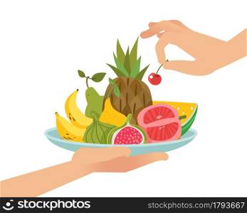 Dessert fruit serving. Organic fruits on plate, hand hold dish, juicy citrus, banana and pineapple, sweet pear and fresh figs, cherry and melon, healthy meal. Vector cartoon flat isolated concept. Dessert fruit serving. Organic fruits on plate, hand hold dish, juicy citrus, banana and pineapple, sweet pear and fresh figs, cherry and melon. Vector cartoon flat isolated concept
