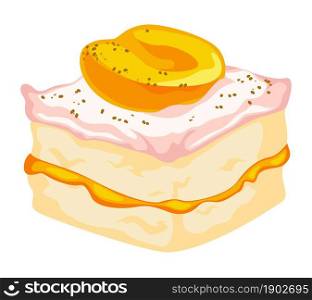 Dessert in bakery shop, sweet confectionery in store or shop. Menu in restaurant or cafe. Isolated baked pie with cream, jam and peach fruit. Recipe of yummy cake with mouse. Vector in flat style. Cake with cream, peach jam and fruit slice vector