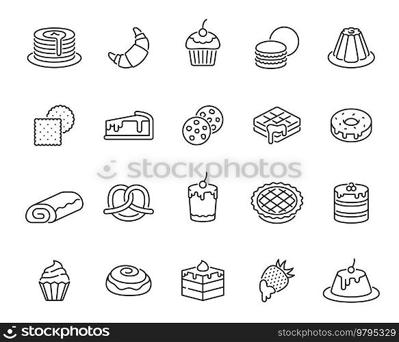 Dessert line icons. Sweet pastry and bake outline pictograms or symbols of pancake, strudel and croissant, muffin, cheesecake and cookies, pudding, cake, waffles and donut, pretzel, apple pie, bun. Desserts, sweet pastry and bake outline icons