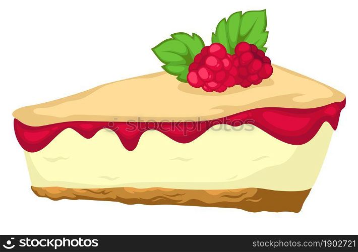Dessert made of biscuit, cream and jam. Raspberry pie with berries and decorative leaves, white chocolate, mousse or cream as topping. Recipe or menu in restaurant or cafe. Vector in flat style. Sweet cake with raspberry jam and berry piece