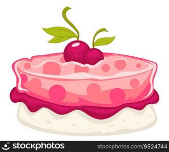 Dessert made of jelly, cherry syrup, cream and decoration. Mousse cake with vanilla flavour, homemade sweets served for dinner. Dish in restaurant, icon for menu for bakery. Vector in flat style. Cake with cream, syrup and cherries on top