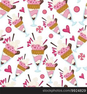 Dessert made of milk, topping and cookie seamless pattern of ice cream served in glass. Lollipop or vanilla taste of syrup, addition to sweets. Waffle and gelato, menu of restaurant, vector in flat. Ice cream dessert made of milk, seamless pattern