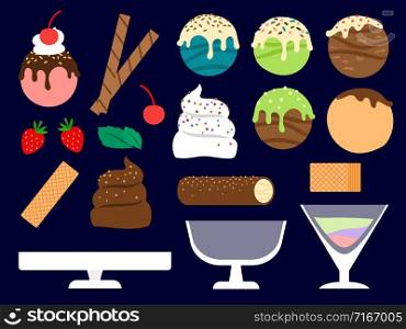 Dessert maker vector illustration. Ice cream balls, berries, waffels and glass bowls set. Dessert ice cream, sweet food with chocolate. Dessert maker vector illustration. Ice cream balls, berries, waffels and glass bowls set