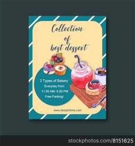 Dessert poster design with cake, cheesecake, tart, berry, jam, chocolate watercolor illustration. 