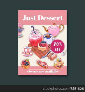 Dessert poster design with jam, jar, tea, fruit, drink watercolor illustration. 