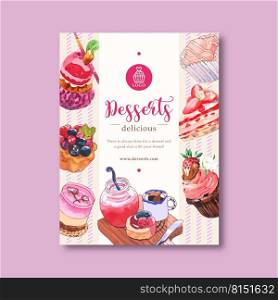 Dessert poster design with mousses, cupcake, tart, shortcake, jam watercolor illustration. 